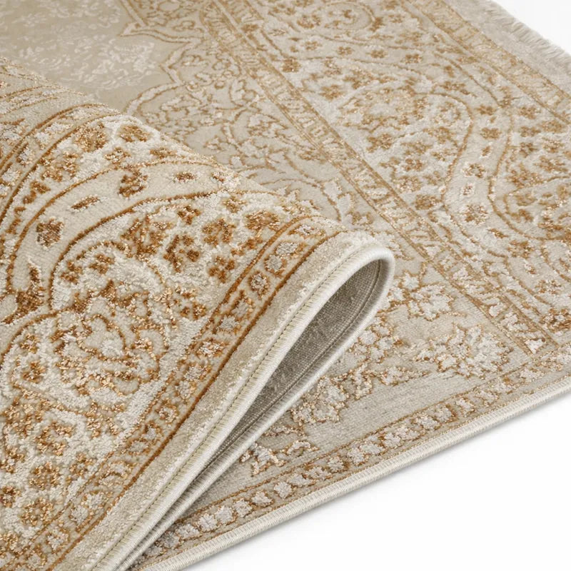 Tapis oriental vintage Gold Crème VENUS 06908 – Motif médaillon à franges