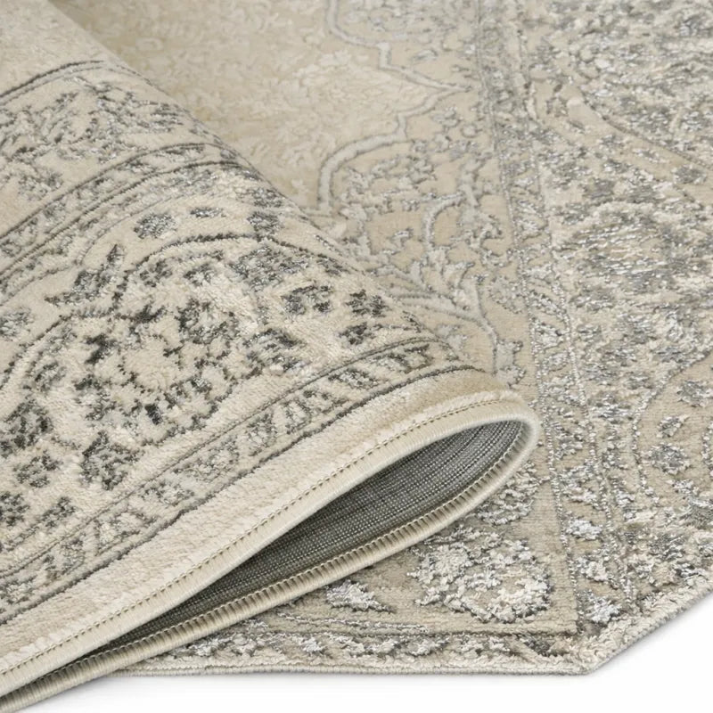 Tapis oriental vintage gris crème VENUS 6908 – Motifs raffinés à franges