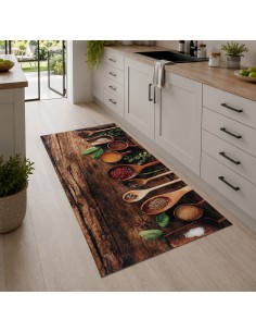 Tapis de cuisine motif épices sur bois dans une cuisine moderne