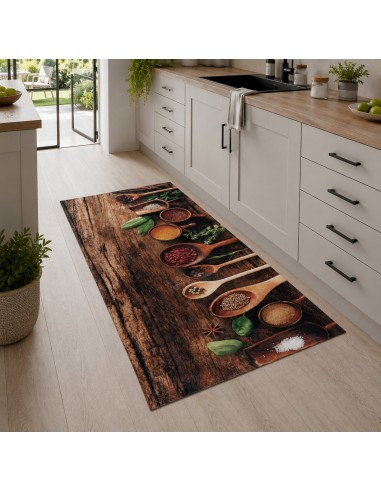 Tapis de cuisine motif épices sur bois dans une cuisine moderne