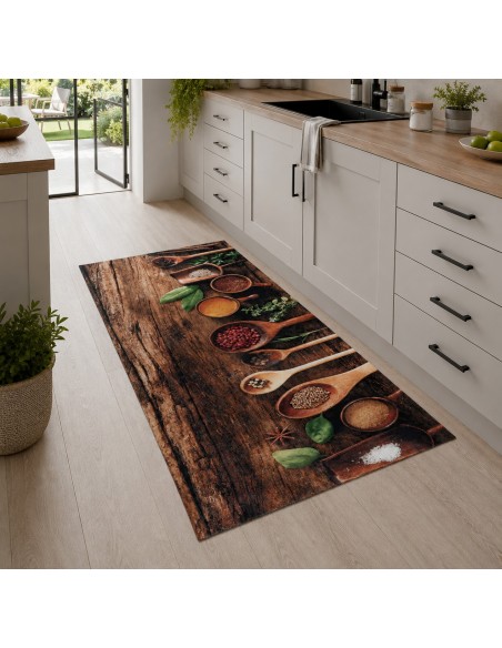 Tapis de cuisine motif épices sur bois dans une cuisine moderne