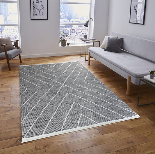 Tapis moderne gris à motifs géométriques EFE 1020 – Franges blanches
