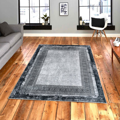 Tapis de salon 9045 Gris/Noir – Bordure grecque géométrique