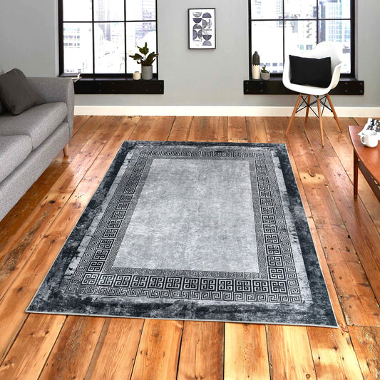 Tapis de salon 9045 Gris/Noir – Bordure grecque géométrique