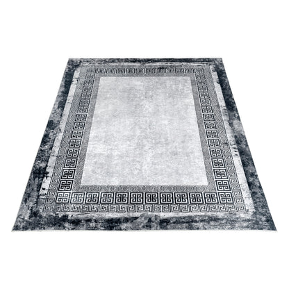 Tapis de salon 9045 Gris/Noir – Bordure grecque géométrique
