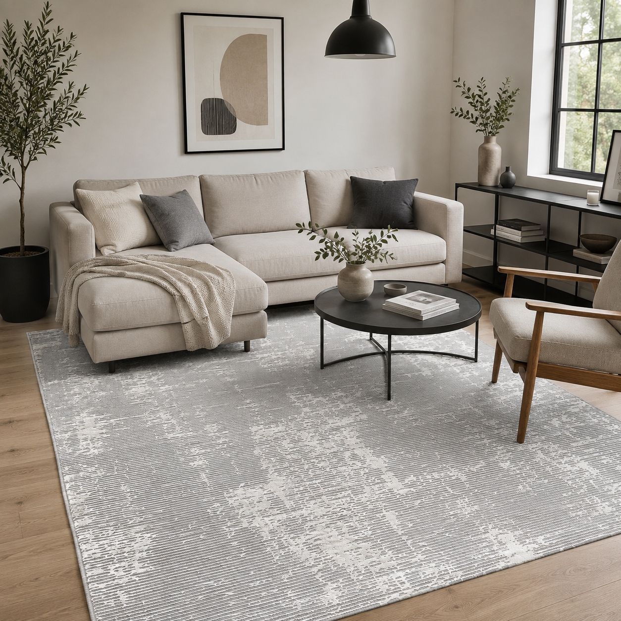 Tapis moderne gris clair et écru texturé – ELIZA 7110