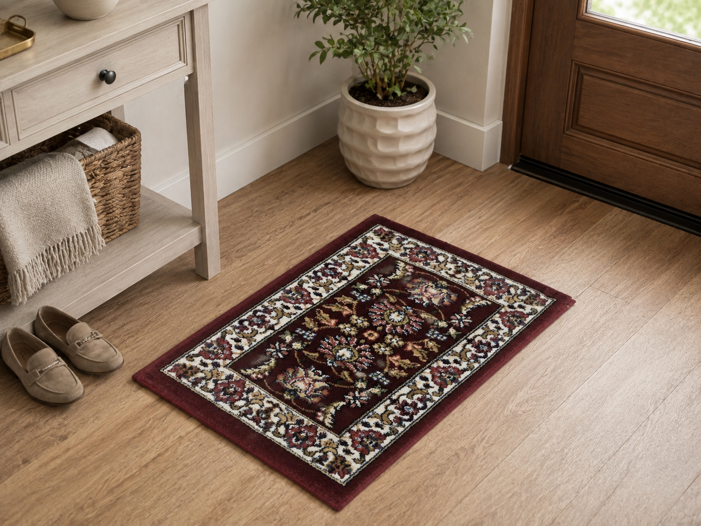 Petit tapis oriental bordeaux à motifs floraux – 40 × 60 cm