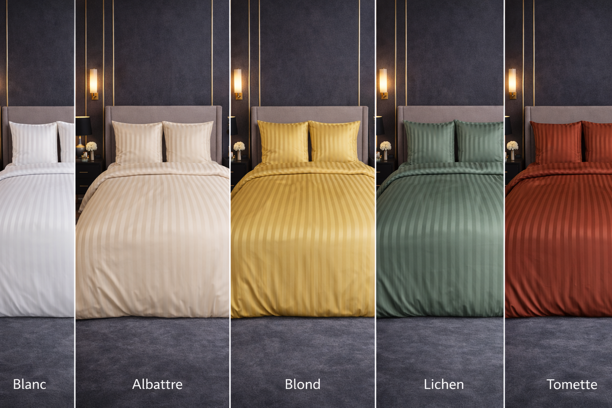 Parure de Lit Satin en Microfibre - Rayures Tissées - Beige