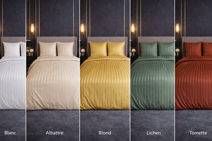 Parure de Lit Satin en Microfibre - Rayures Tissées - Beige