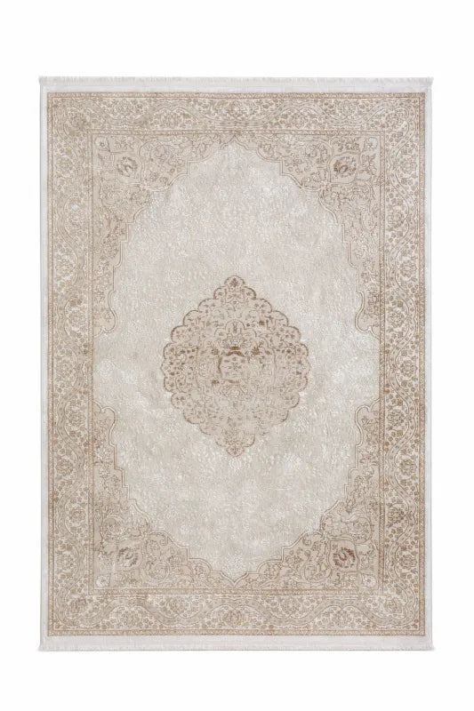 Tapis oriental vintage Gold Crème VENUS 06908 – Motif médaillon à franges