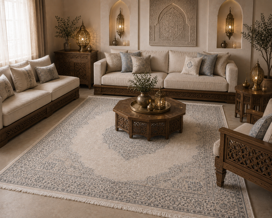 Tapis oriental vintage gris crème VENUS 6908 – Motifs raffinés à franges