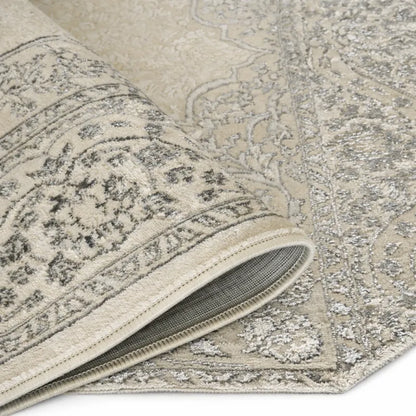 Tapis oriental vintage gris crème VENUS 6908 – Motifs raffinés à franges