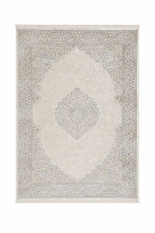 Tapis oriental vintage gris crème VENUS 6908 – Motifs raffinés à franges