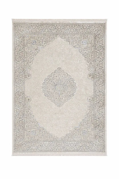 Tapis oriental vintage gris crème VENUS 6908 – Motifs raffinés à franges