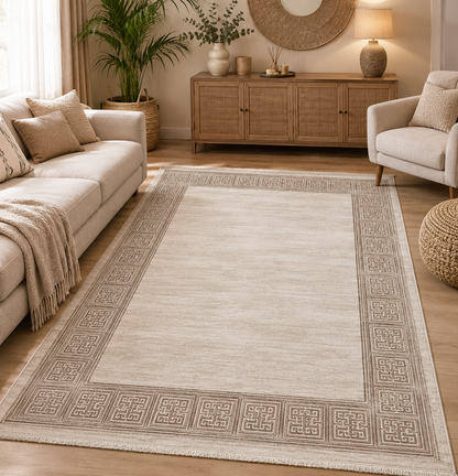 Tapis moderne beige crème à bordure géométrique VENUS 7798 – Franges