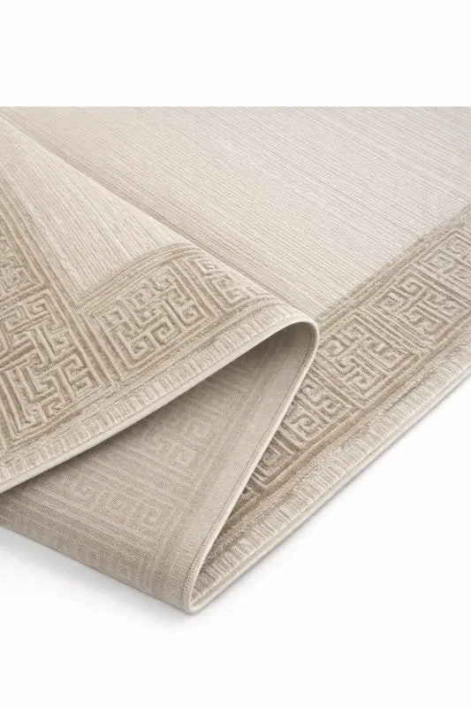 Tapis moderne beige crème à bordure géométrique VENUS 7798 – Franges