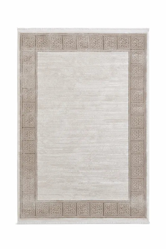 Tapis moderne beige crème à bordure géométrique VENUS 7798 – Franges