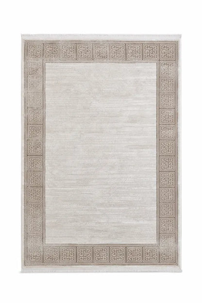 Tapis moderne beige crème à bordure géométrique VENUS 7798 – Franges