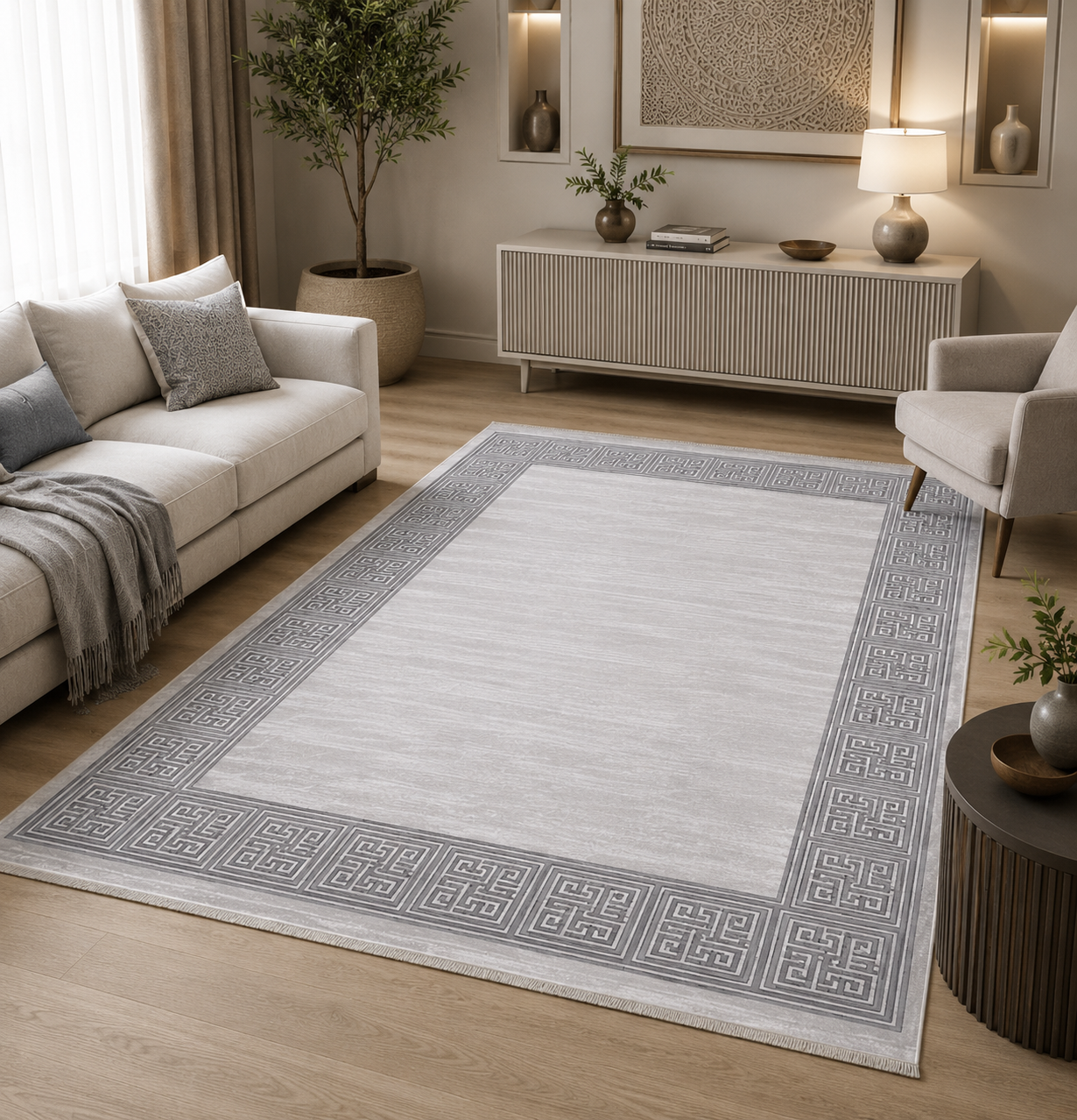Tapis moderne gris crème à bordure géométrique VENUS 7798 – Franges