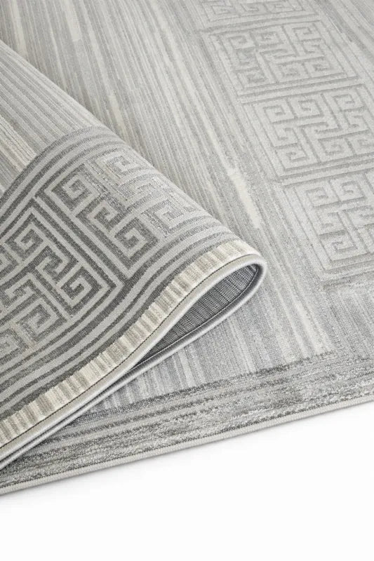 Tapis moderne gris crème à bordure géométrique VENUS 7798 – Franges