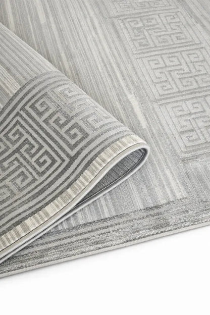Tapis moderne gris crème à bordure géométrique VENUS 7798 – Franges