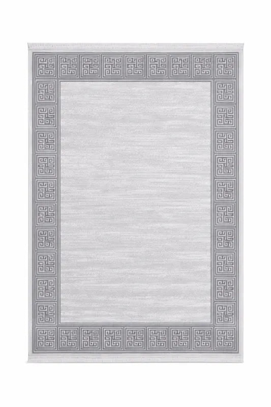 Tapis moderne gris crème à bordure géométrique VENUS 7798 – Franges