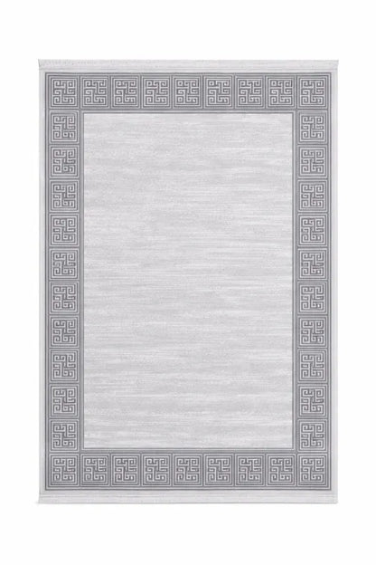 Tapis moderne gris crème à bordure géométrique VENUS 7798 – Franges