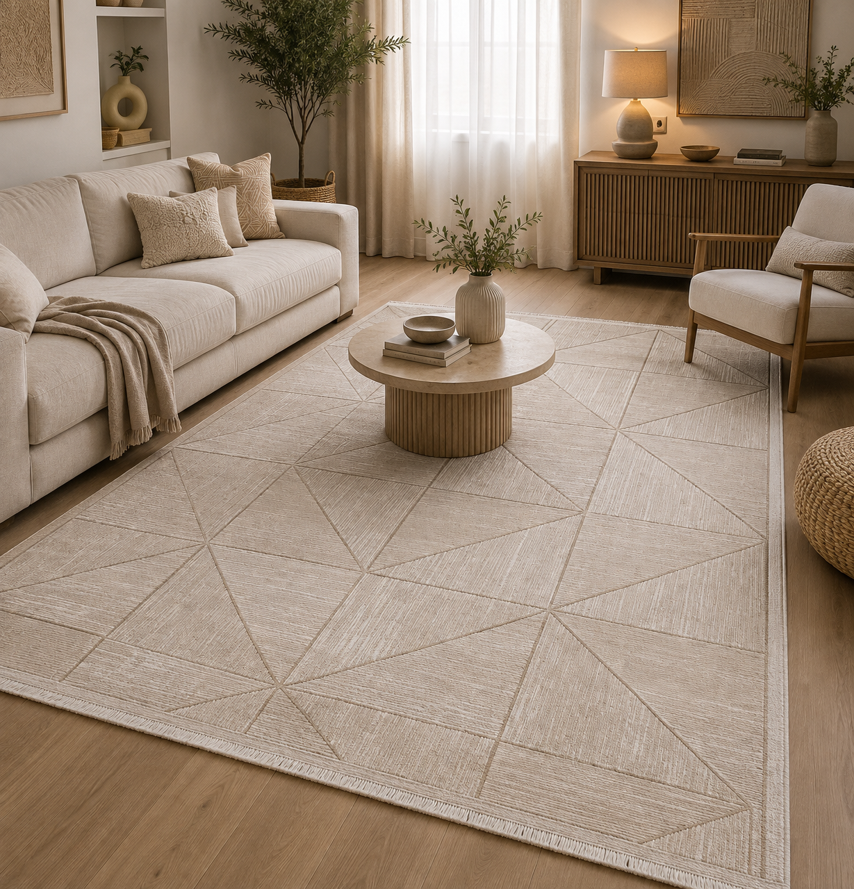 Tapis moderne crème à motifs géométriques VENUS 8083 – Franges courtes