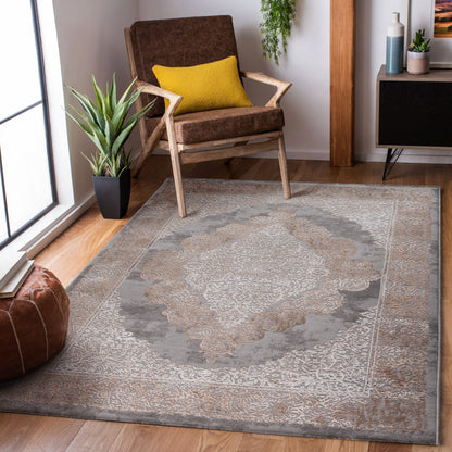Tapis oriental LEXA 4000 Gris/Beige à médaillon