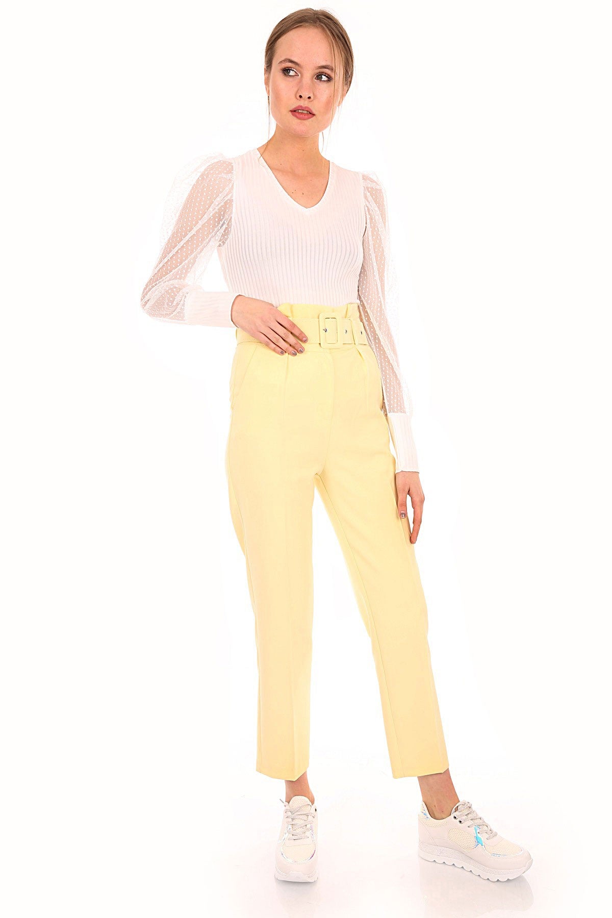 Pantalon Ceinturée Taille Haute - Jaune