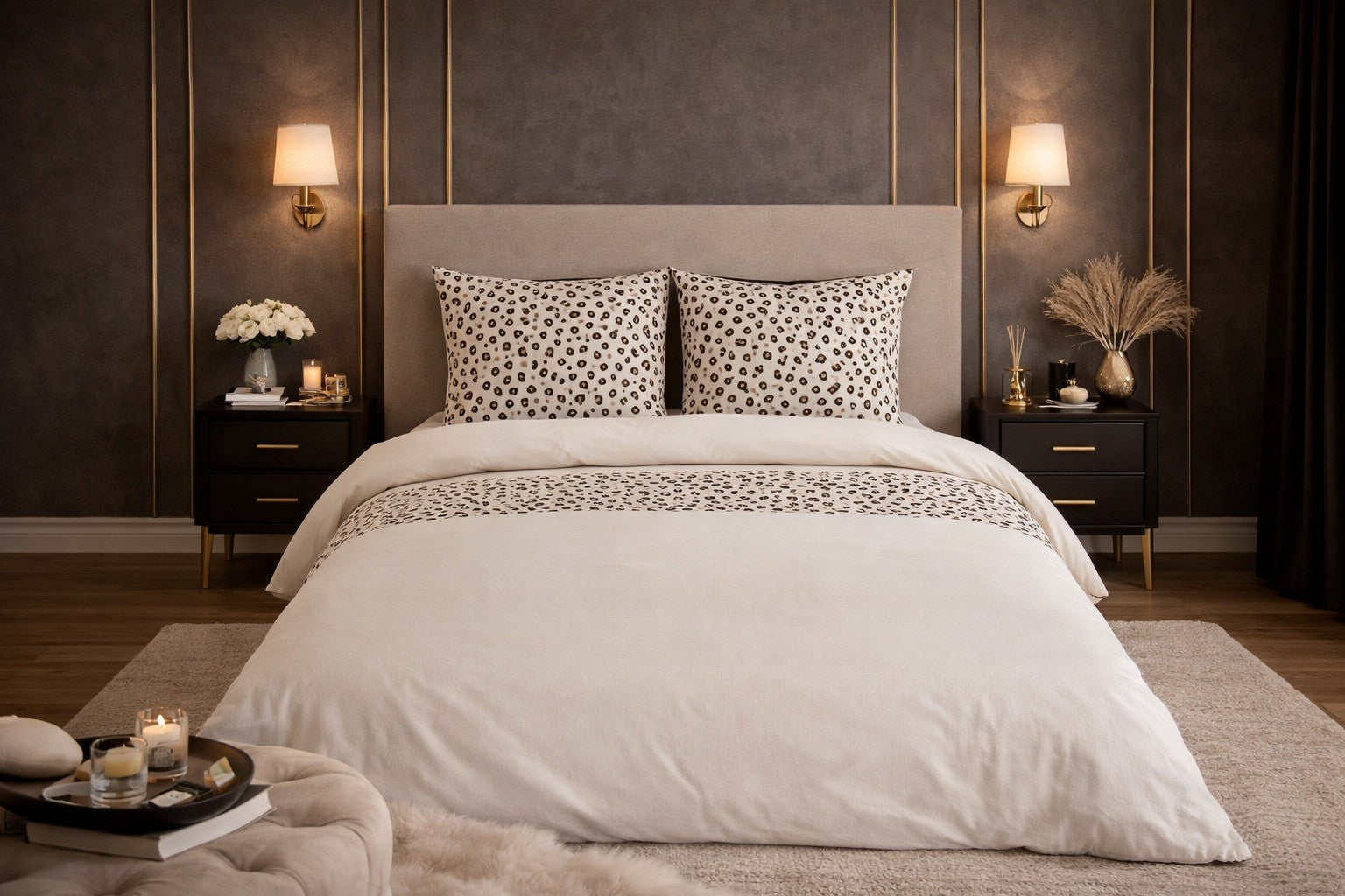 Parure de Lit en Coton Réversible - Imprimé Léopard Beige
