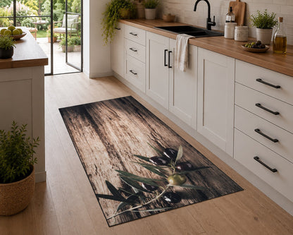 Tapis de Cuisine Antidérapant "Olives et Bois"